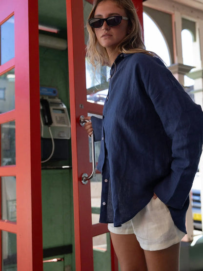 Linen Oversized Shirt - Navy